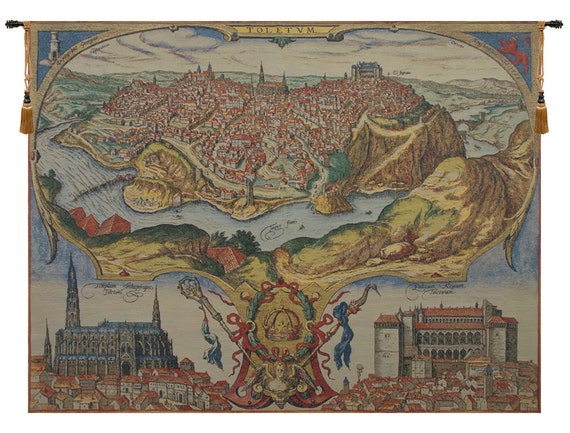 Toledo Spain Tapestry: European City Map Wall Hanging, 52x70 inch
