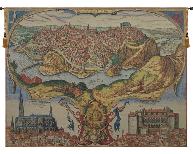 Toledo Spain Tapestry: European City Map Wall Hanging, 52x70 inch