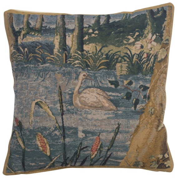 Belgian Tapestry Cushion Cover: Wawel Forest Swan Pillow (17x17 inch)
