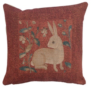 Sitting Rabbit in Red French Tapestry Cushion Cover - Red Decorative Medieval Pillow Case - 14x14 inch Living Room Throw Pillow Cover