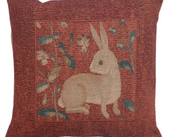 Sitting Rabbit in Red French Tapestry Cushion Cover - Red Decorative Medieval Pillow Case - 14x14 inch Living Room Throw Pillow Cover