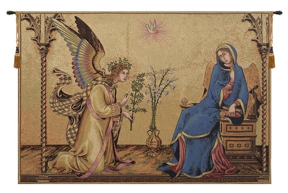 Annunciation Gothic Tapestry: Italian Religious Wall Art Featuring Saints and Angels