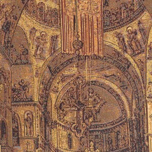 May include: A tapestry depicting a detailed interior of a church with a large cross in the center. The tapestry is woven with gold, brown, and red threads, creating a rich and intricate design. The text "ROSA CRUZ" is visible at the top of the tapestry.
