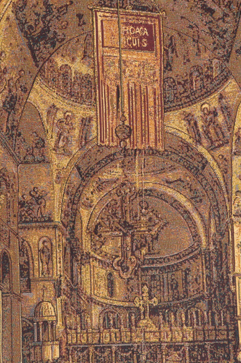 May include: A tapestry depicting a detailed interior of a church with a large cross in the center. The tapestry is woven with gold, brown, and red threads, creating a rich and intricate design. The text "ROSA CRUZ" is visible at the top of the tapestry.