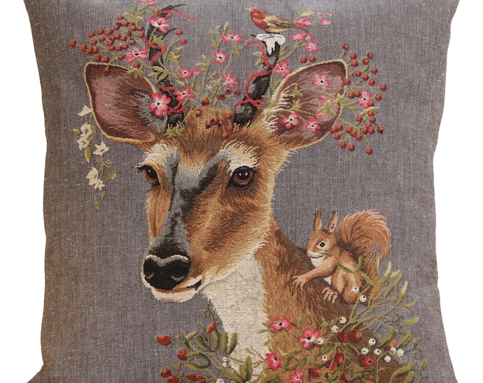 Forest Deer Tapestry Pillow Cover: Elegant Belgian Woven Cushion, 18x18 inch