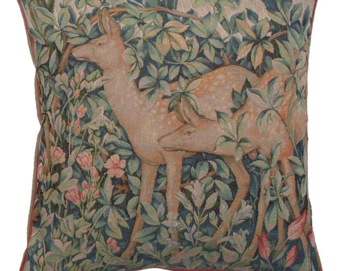 William Morris Forest Deer Tapestry Throw Pillow Cover - Vintage Jacquard Cushion Case 19x19 inch