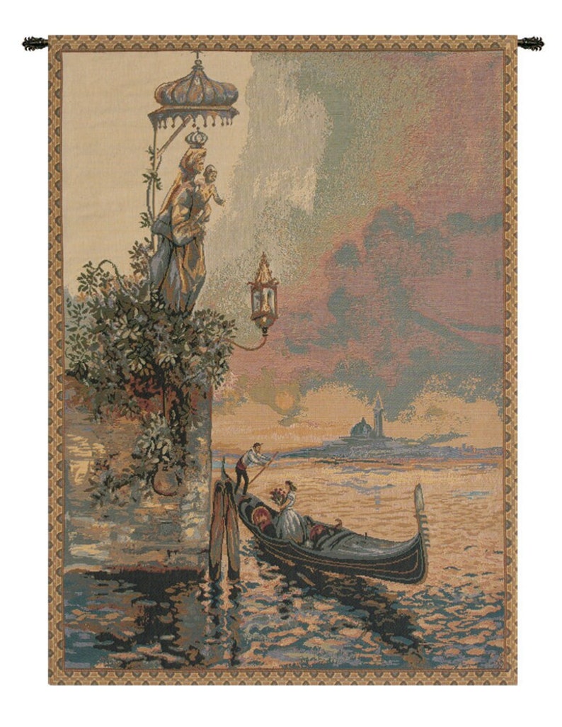 May include: A tapestry depicting a scene in Venice, Italy. A gondola with two people is in the foreground, with a statue of the Virgin Mary and child in the background. The sky is a soft pink and blue, and the water is a deep blue.