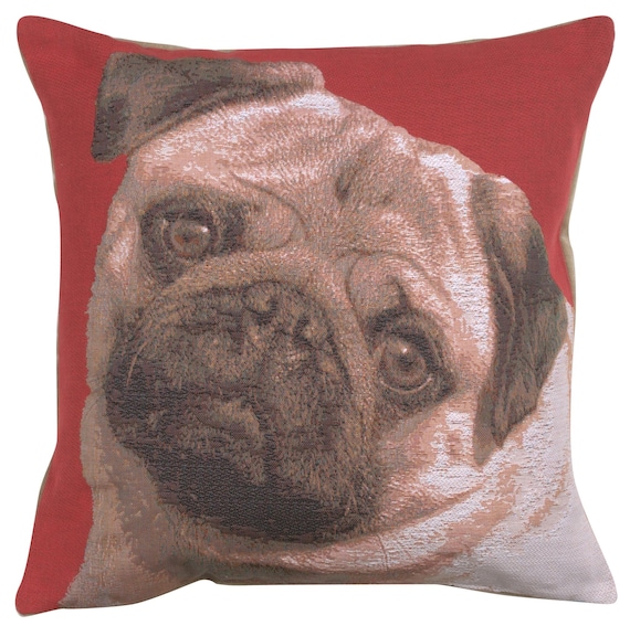 Pug Tapestry Cushion Cover: Red Dog Art Pillow, 18x18 inch
