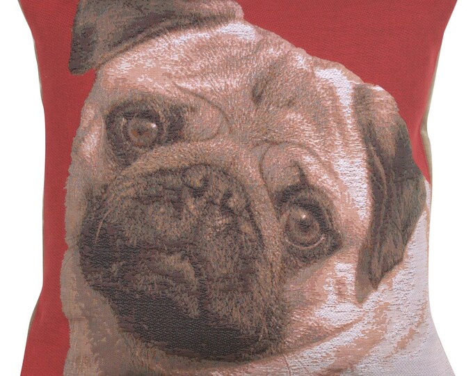 Pugs Red I Tapestry Cushion Cover, Dogs Art Sofa Pillow Cover, 18x18 inch Cushion Cover, Woven Throw Pillow Cover, Square Cushion Cover