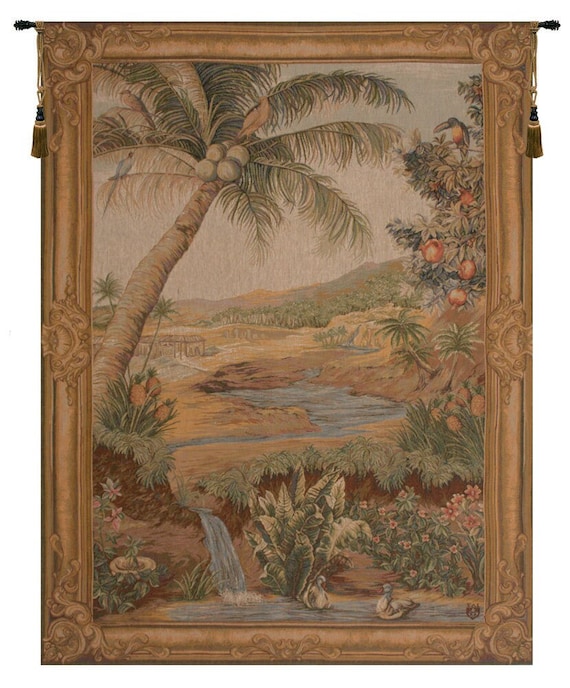 L'Oasis French Jacquard Tapestry: Exotic Flora & Fauna Wall Art (58x44 inch)