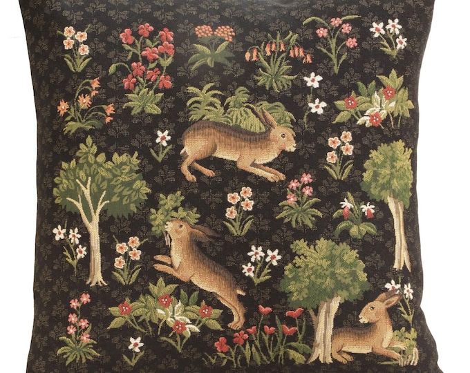 Forest Rabbits Tapestry Pillow Cover Belgian Jacquard Woven Cotton 18x18 Inch Decorative Cushion Case