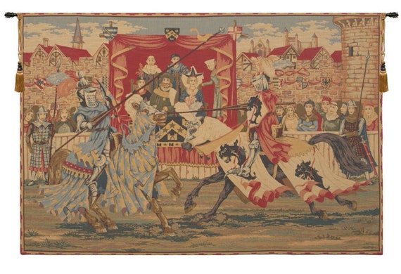 Medieval Jousting Tapestry: Belgian Woven Wall Decor Art