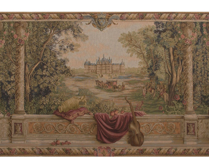 French Castle Wall Tapestry: Verdure au Chateau, Woven in France (60x106 inch)