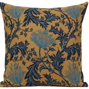 Anemone Blue Gold Tapestry Pillow Cover - Floral Woven Cushion Cover - Square Sofa Throw Pillowcase 16x16