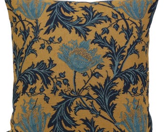 Anemone Blue Gold Tapestry Pillow Cover - Floral Woven Cushion Cover - Square Sofa Throw Pillowcase 16x16