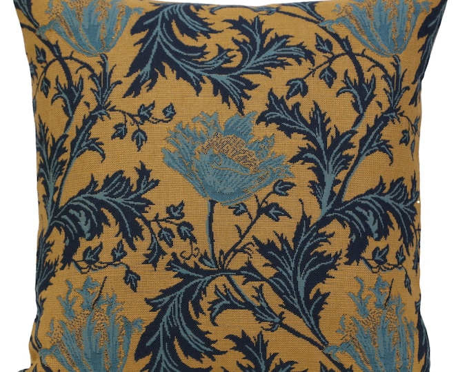 Anemone Floral Tapestry Pillow Cover: Blue & Gold Woven Cushion (16x16)