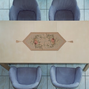 Elegant Aubusson Floral Tapestry Table Runner: Handfinished French-Inspired Decor for Home &amp; Business