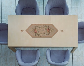 Elegant Aubusson Floral Tapestry Table Runner: Handfinished French-Inspired Decor for Home & Business
