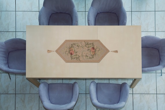 Elegant Aubusson Floral Tapestry Table Runner: Handfinished French-Inspired Decor for Home & Business