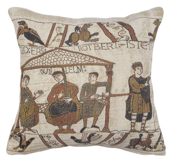 Bayeux Tapestry Cushion Cover: Medieval Banquet Scene, Belgian Art Pillow 17x17