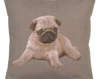 Puppy Pug Grey Tapestry Cushion Cover - Animals Art Decorative Pillow Cover - Gobelin Throw Pillow Cover - 14x14 inch Sofa Cushion Cover