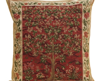 Elegant Belgian Woven Tree of Life Tapestry Cushion Cover - Red 18x18in Decorative Pillow Case