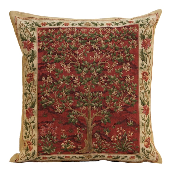 Belgian 18x18in Tree of Life Red Cushion Cover - Woven Couch Pillow Case