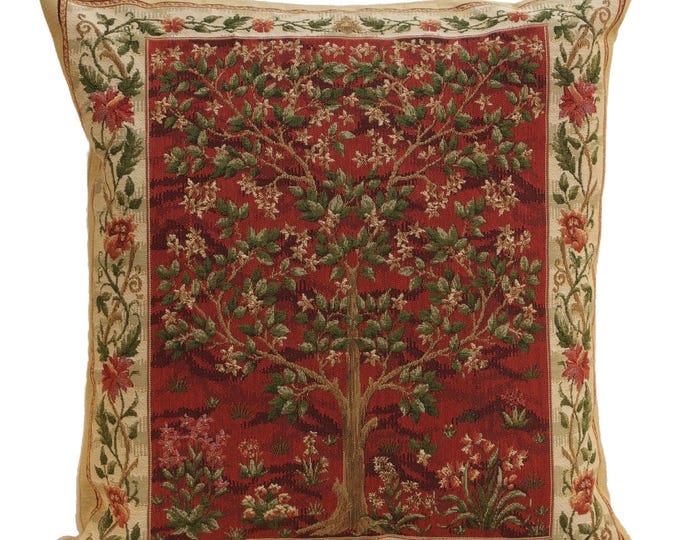 Elegant Belgian Woven Tree of Life Tapestry Cushion Cover - Red 18x18in Decorative Pillow Case