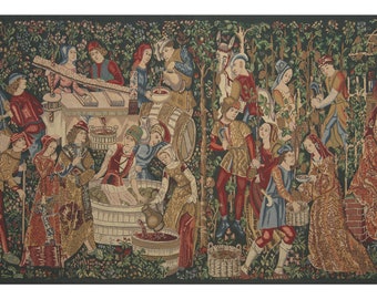 Vendages Red Medium European Wall Tapestry - Gobelin Wall Hanging - Mille Fleurs Medieval Wall Décor Art - Decorative Jacquard Wall Art