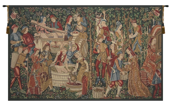 Mille Fleurs Medieval Tapestry: Vendages Wine Harvest, Jacquard Wall Art (41x69 inch)
