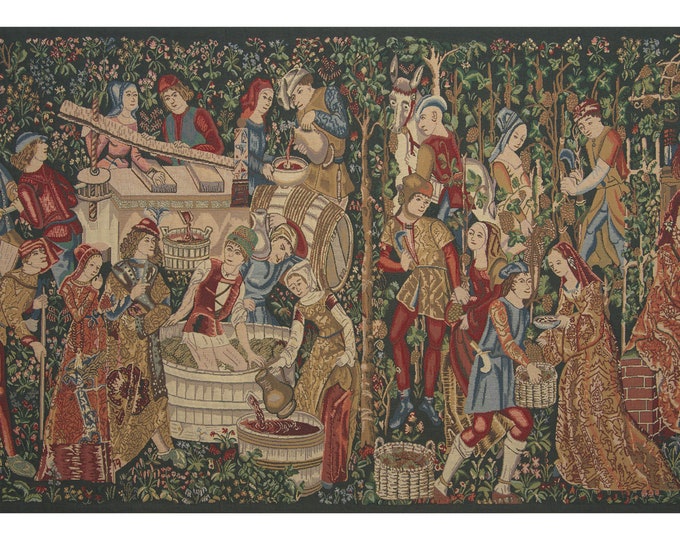 Mille Fleurs Medieval Tapestry: Vendages Wine Harvest, Jacquard Wall Art (41x69 inch)