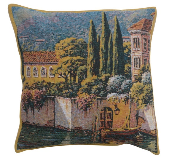 Lake Como Tapestry Pillow Cover: Varenna Village Art, 17x17 inch