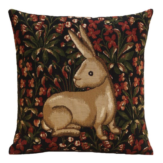 Vintage Belgian Tapestry Cushion Cover: Medieval Rabbit Amidst Floral Garden Scene