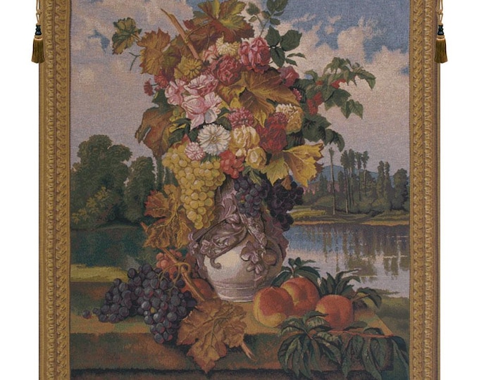European Floral Fruit Jacquard Tapestry Woven Wall Hanging Art Decorative Belgian 44x38 Inch