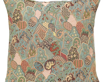 French Wall Tapestry Mosaique Chinoise Blue Jacquard Woven Cushion Cover,19x19 inch, Throw Pillow for Sofa/Couch