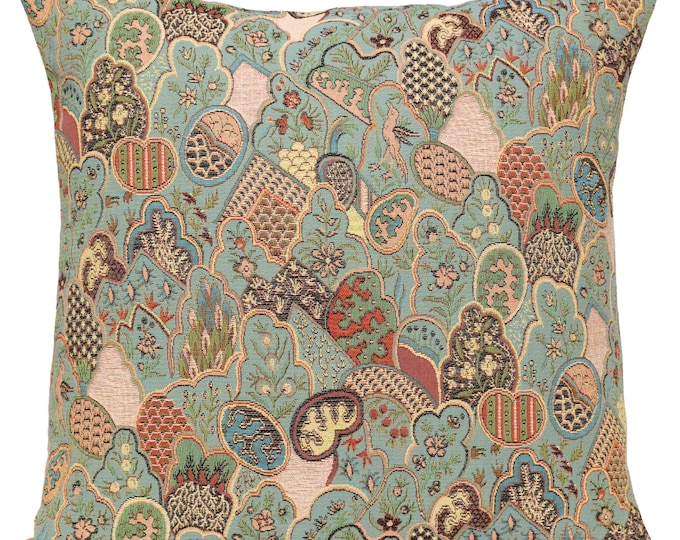 French Wall Tapestry Mosaique Chinoise Blue Jacquard Woven Cushion Cover,19x19 inch, Throw Pillow for Sofa/Couch