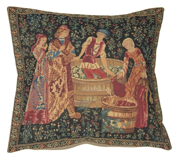 Medieval Wine Press Jacquard Tapestry Cushion Cover - 18x18 Inch  European Floral Gobelin Pillow Case