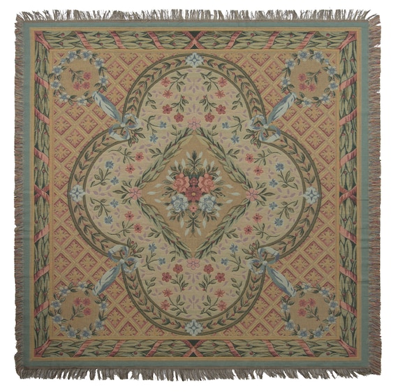 Savonnerie Floral Tapestry Throw: Belgian Woven Cotton Blanket (58x58 inch)