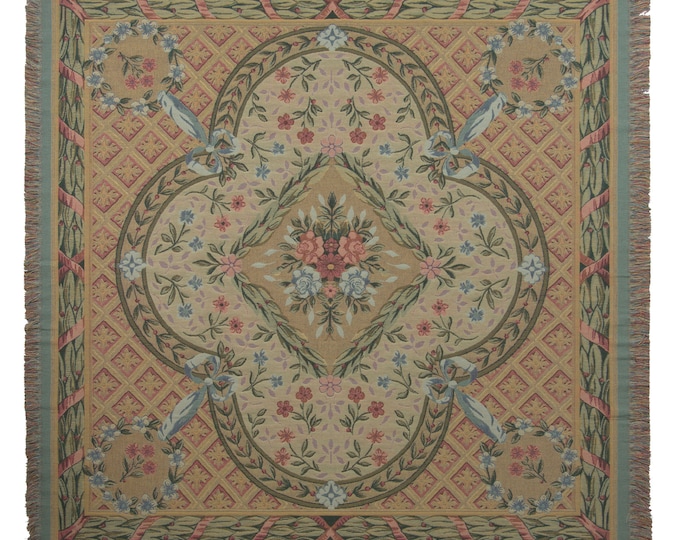 Savonnerie Floral Tapestry Throw: Belgian Woven Cotton Blanket for Home Decor (58x58 inch)