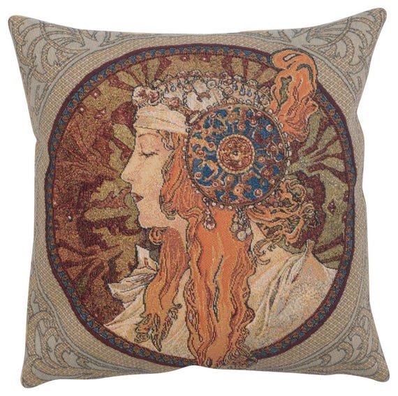 Alphonse Mucha Tapestry Cushion Cover: Art Deco Pillow (18x18 inch)