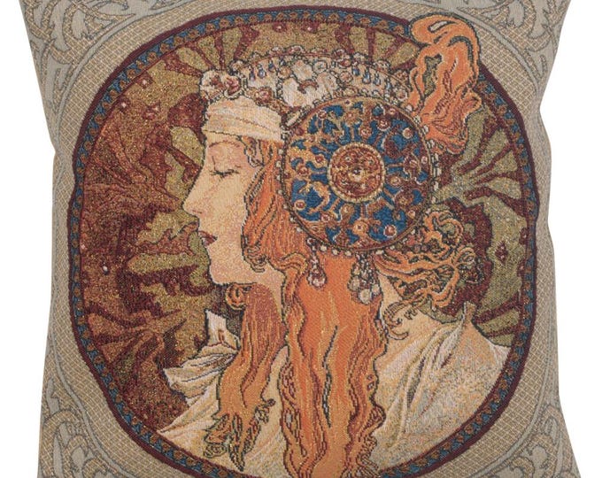 Alphonse Mucha Tapestry Cushion Cover: Art Deco Pillow (18x18 inch)