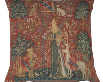 The Touch I Large Tapestry Pillow Cover 19x19 Inch - Lady and the Unicorn Woven Cushion Case - Medieval Decorative Throw Pillow Cover