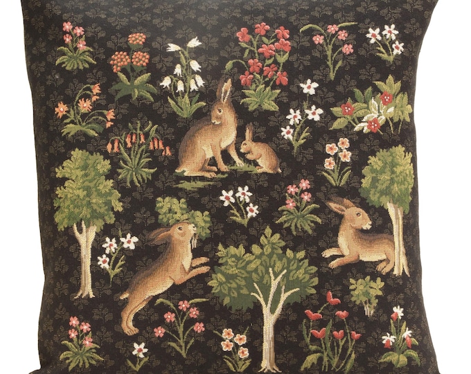 Woven Belgian Cotton Rabbit Family Tapestry Pillow Cover - 18x18 Inch Decorative Cushion for Sofa