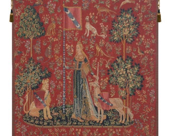Le Toucher Fonce European Wall Tapestry - Lion and Unicorn Wall Décor Art - Red Millefleurs Background Wall Art - Woven Unique Wall Hanging