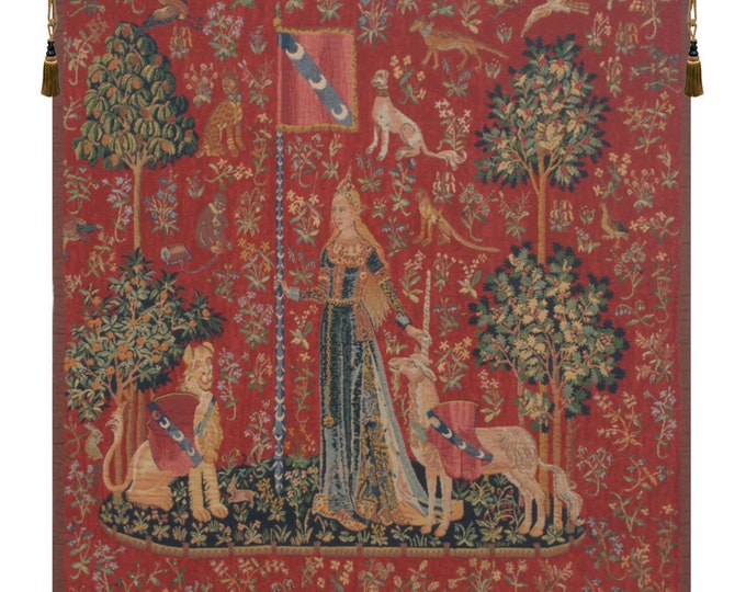 Le Toucher Fonce European Wall Tapestry - Lion and Unicorn Wall Décor Art - Red Millefleurs Background Wall Art - Woven Unique Wall Hanging