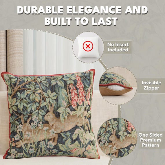 William Morris Tapestry Pillow Cover: Two Hares, 100% Cotton, Woven in France