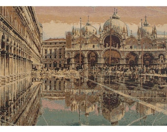 Alta Marea in Piazza San Marco European Wall Tapestry - Famous Place Wall Decor Art - Woven Italian Wall Tapestry - Castle Wall Hanging