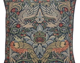 Peacock and Dragon Blue Tapestry Pillow Cover - William Morris Art Woven Cushion Cover 16x16 - Decorative Throw Pillow Case