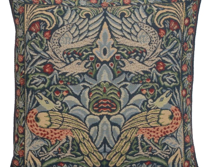 Peacock and Dragon Blue Tapestry Pillow Cover - William Morris Art Woven Cushion Cover 16x16 - Decorative Throw Pillow Case