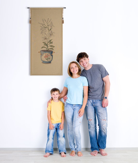 White Amaryllis Tapestry: Belgian Woven Floral Wall Hanging (56x27 Inch)